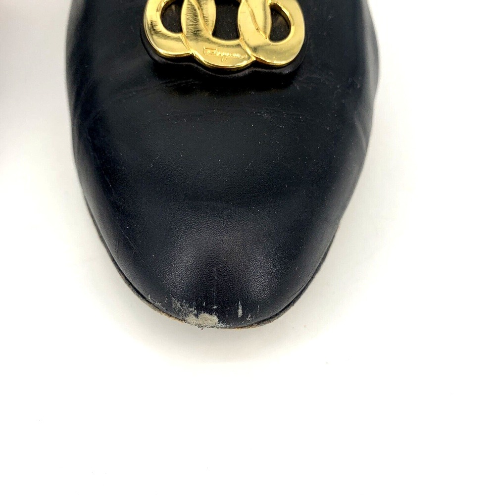 Salvatore Ferragamo Women Matita Black Leather Heel Gold Metal Logo Ring 10 B - Picture 7 of 16